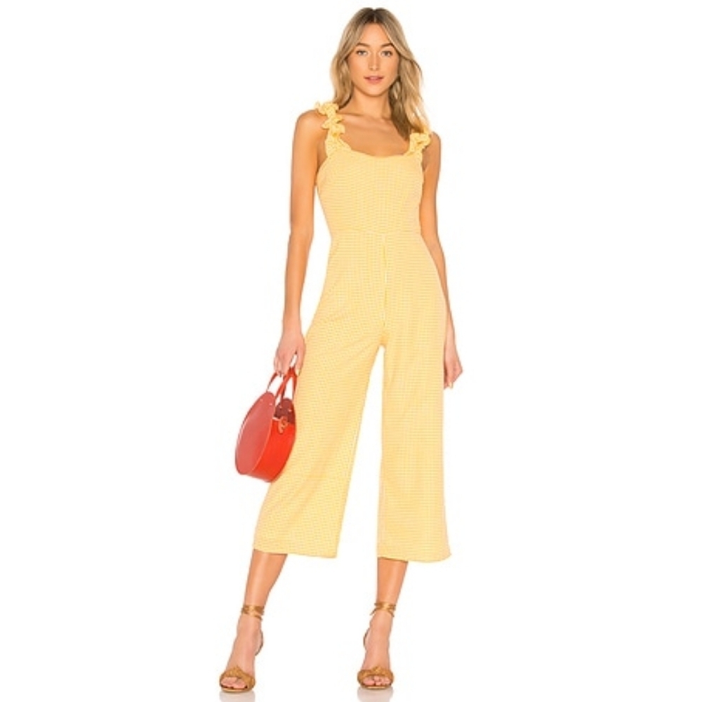 Lovers + Friends Yellow Gingham Ruffled-Strap Wide-Leg Jumpsuit